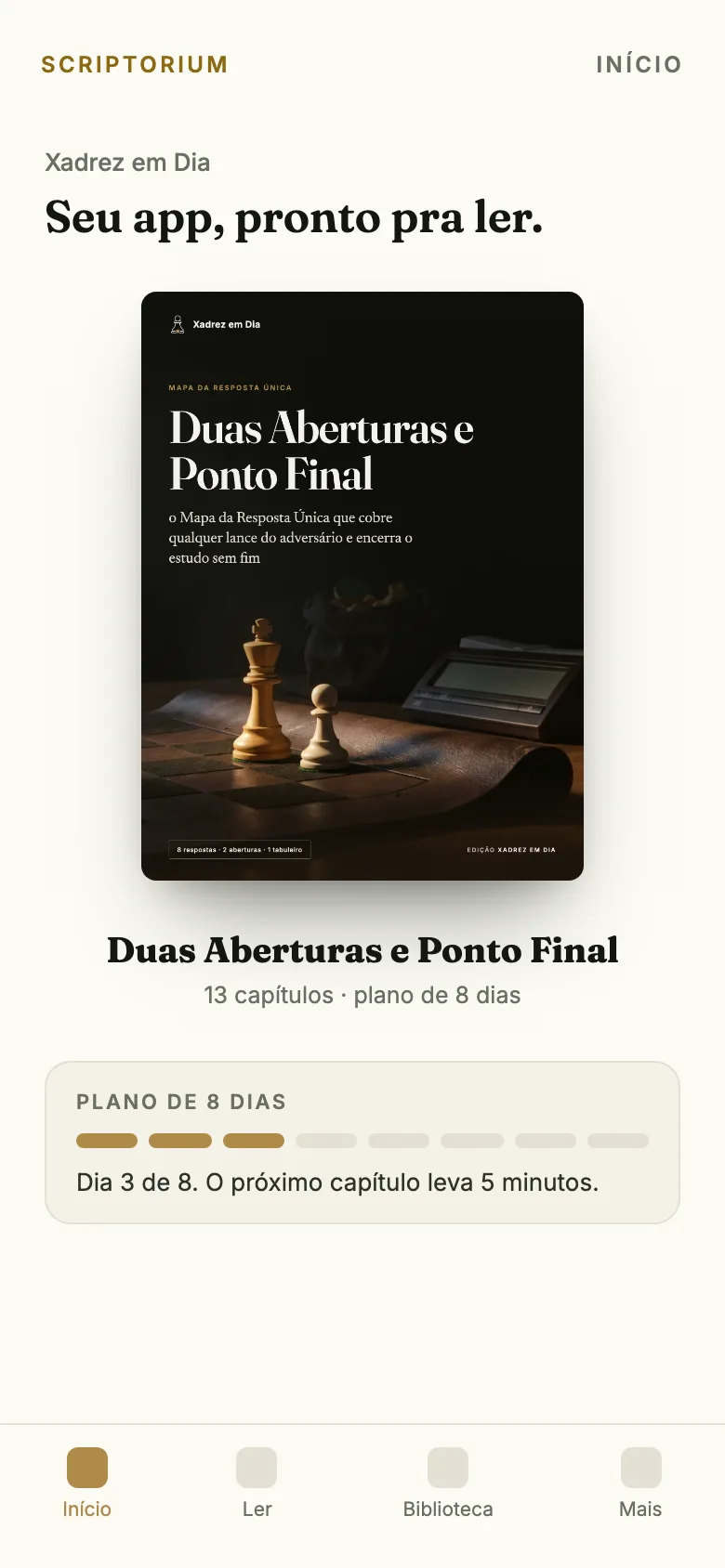 Capa do app: o ebook Duas Aberturas e Ponto Final aberto na tela Início, com o plano de 8 dias