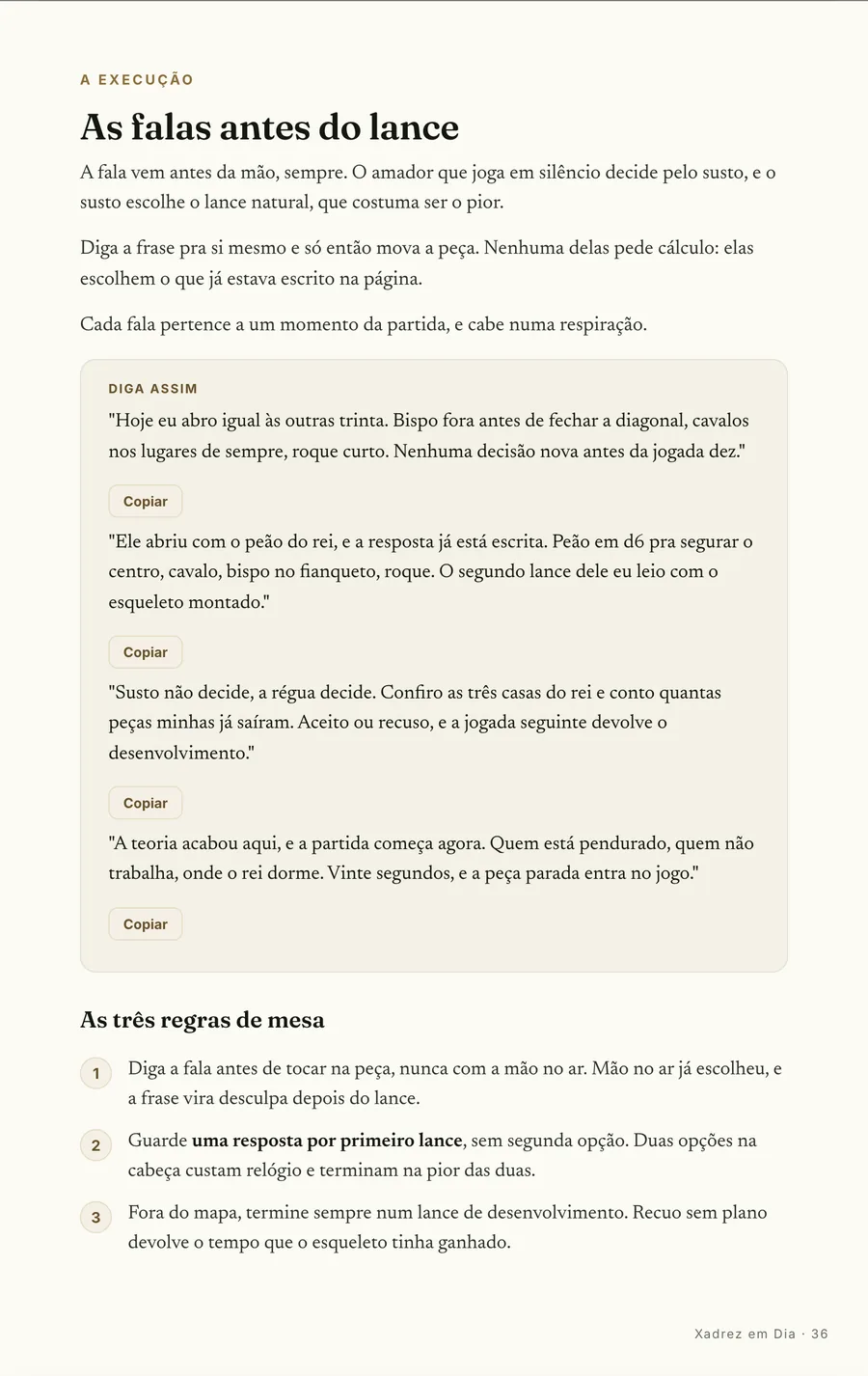 Falas prontas: As falas antes do lance, com as três regras de mesa ao lado